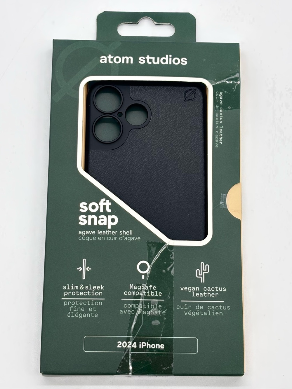 Atom Studios Soft Snap iPhone 16 MagSafe Case Vegan Cactus Leather Black Slim